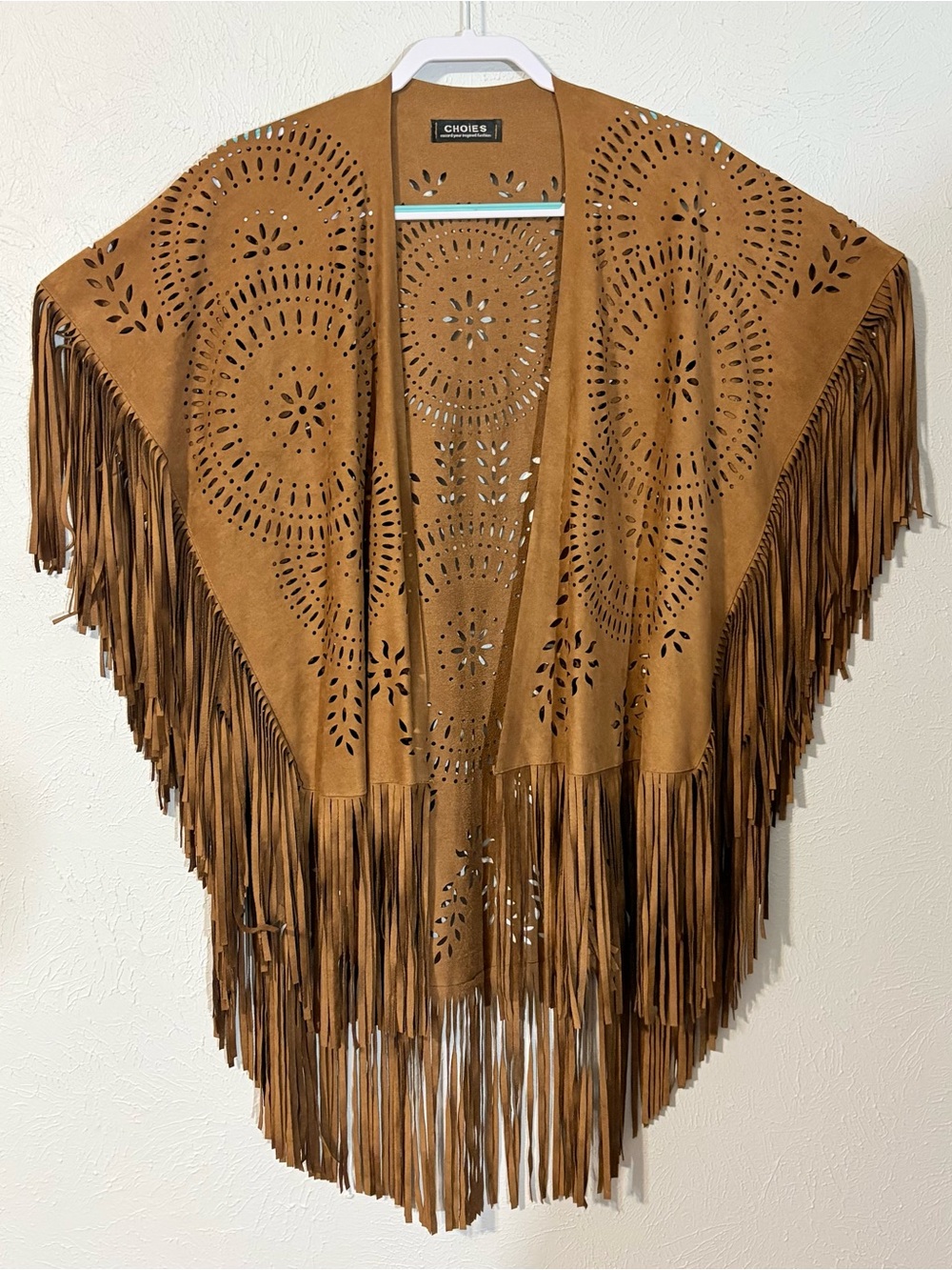 CHOIES Brown Faux Suede Fringe Kimono Boho Western Festival Wrap OS